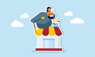 A businesswoman with a laptop sits on a graduation cap placed on a store, illustration of completing company data recap for a marketplace business vector