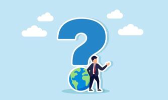 A businessman stands next to a question mark with a globe at the bottom, illustration of questioning business market distribution and competitors vector