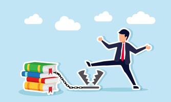 A businessman avoids a trap tied with chains to a stack of books, illustration of escaping and completing a business project report vector