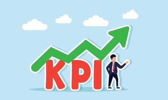 A businessman stands next to the word KPI with a rising green chart, illustration of employee improving Key Performance Indicator vector