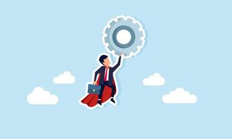 Super businessman lifts a system gear through the sky, illustration of the ability to enhance effectiveness in optimizing business systems vector