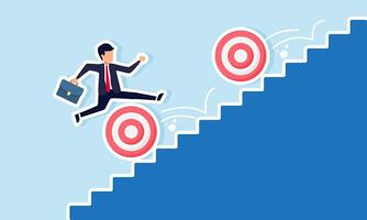 Businessman runs up the stairs and jumps over rolling target boards, illustration of completing multiple business targets to achieve business goals vector
