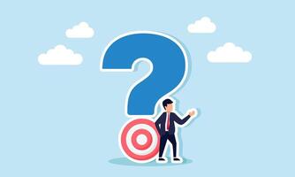 A businessman stands next to a question mark with a target board at the bottom, illustration of questioning business targets vector