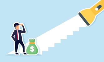 A businessman and a money bag are at the base of stairs formed by flashlight beams, illustration of guidelines for improving performance with stable financial management vector