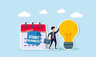 A businessman stands between a light bulb and a calendar labeled Start Business, illustration of building a business with creativity and ideas vector