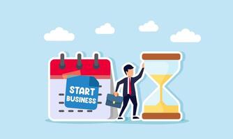 A businessman stands between an hourglass and a calendar labeled Start Business, illustration of building a business with effective and efficient time management vector