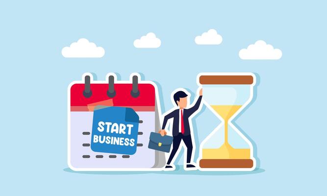 A businessman stands between an hourglass and a calendar labeled Start Business, illustration of building a business with effective and efficient time management