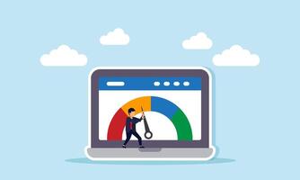 A businessman pushes a needle on an indicator displayed on a laptop screen, illustration of effort and trigger in improving business performance vector
