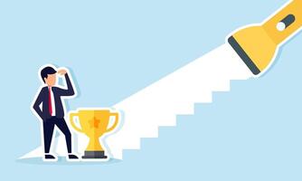 A businessman and a trophy are at the base of stairs formed by flashlight beams, illustration of guidelines for improving performance with branding as a leading company vector