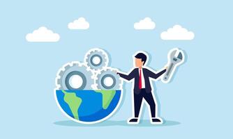 A businessman holds a machine key beside half of a globe with gears, illustration of maintenance and evaluation related to business market targets vector