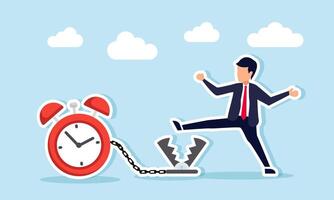 A businessman avoids a trap tied with chains to an alarm clock, illustration of escaping business deadlines vector