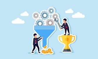 Businessmen work together to produce dollar coins from gears passing through a channel beside a trophy, illustration of teamwork in generating profit from leading company status vector