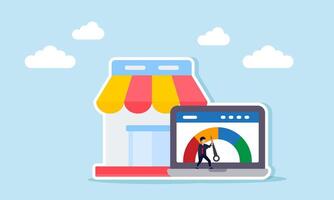 A businessman pushes a needle on an indicator displayed on a laptop screen in front of a store, illustration of effort and trigger in improving marketplace business performance vector