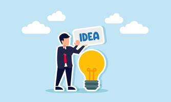 A businessman holds a board that says IDEA beside a lamp, illustration of a campaign to think creatively in generating business ideas and innovations vector