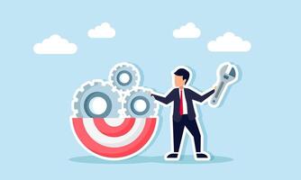 A businessman holds a machine key beside half of a target board with gears, illustration of maintenance and evaluation related to business targets vector