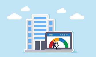 A businessman pushes a needle on an indicator displayed on a laptop screen in front of a company building, illustration of effort and trigger in improving business performance vector