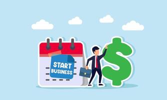 A businessman stands between a dollar sign and a calendar labeled Start Business, illustration of building a business with financial stability vector