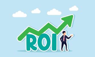 A businessman stands next to the word ROI with a rising green chart, illustration of increasing Return on Investment in business vector