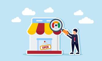 A businessman observes a store using a magnifying glass labeled with a speedometer, illustration of evaluating and analyzing business performance vector