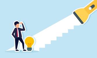 A businessman and a lamp stand at the base of stairs formed by flashlight beams, illustration of guidelines to improve performance through creativity and innovation vector