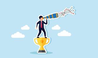 A businessman observes a line chart from above a trophy, illustration of business evaluation and analysis related to competitor performance aiming to be a leading company vector
