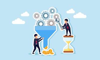 Businessmen work together to produce dollar coins from gears passing through a channel beside an hourglass, illustration of teamwork in generating profit from business efficiency vector