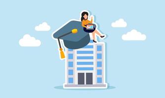 A businesswoman with a laptop sits on a graduation cap placed on a company building, illustration of completing company business data recap vector