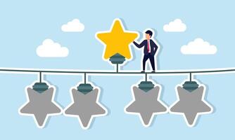 A businessman stands among star-shaped lamps that are off, except for one lit lamp, illustration of how the right business quality improvement can enhance business performance vector