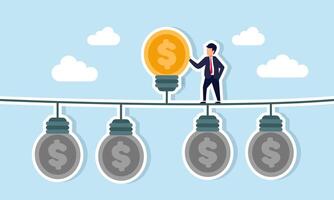 A businessman stands among dollar coin-shaped lamps that are off, except for one lit lamp, illustration of selecting the right idea to improve business performance vector