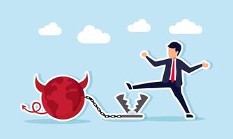 A businessman avoids a trap tied with chains to a globe shaped like a devil, illustration of escaping the influence of illegal business like corruption vector