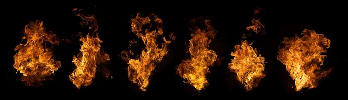 Set of fire and burning flame isolated on dark background for graphic design photo