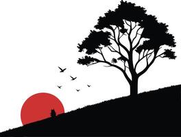 A tree on a hill with a red sun and birds flying vector