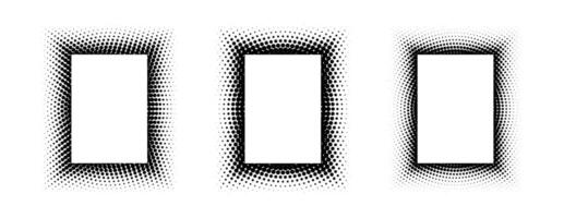 Black halftone rectangle frame set. Dotted gradient border collection. Pop art comic dots picture holder design for banner template, copy space, emblem, poster. Rasterized framing element back vector
