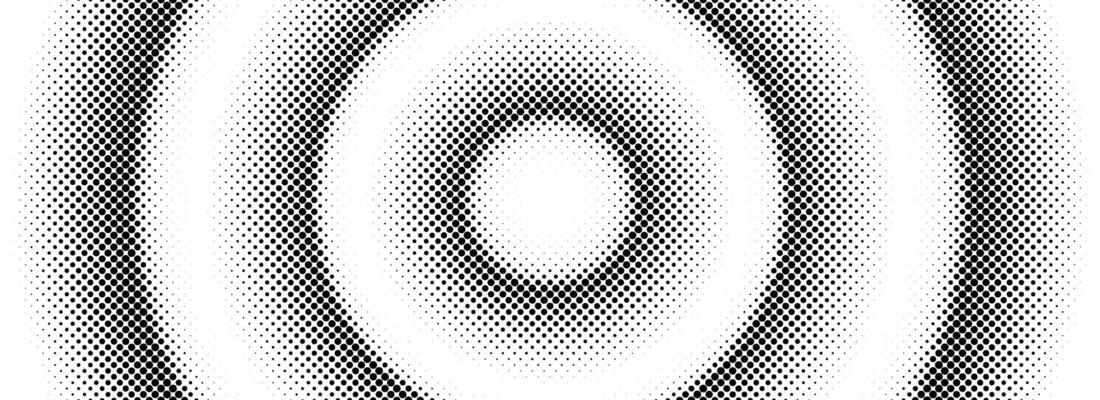 Halftone concentric circle background. Black and white dotted circular gradient. Radial fading comic texture. Grunge rough round pop art backdrop. Dot line epicenter wallpaper concept