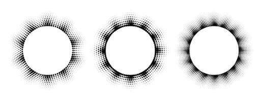 Black halftone circle frame set. Dotted round gradient border collection. Pop art comic dot picture holder design for banner template, copy space, emblem, poster element. Rasterized wavy frames vector
