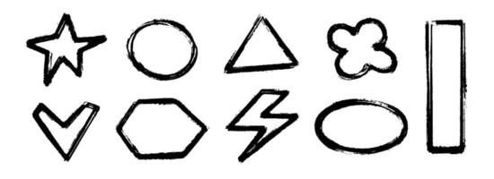 Black charcoal hand drawn shape set. Paint brush scribbled element collection. Pencil doodled childish sign and symbols. Rough sketched crayon bolt, star, heart, frame, ellipse, flower. vector