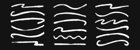 Hand drawn chalk wavy, zigzag straight line collection. White pastel squiggle underline stroke set. Crayon wave brushstroke bundles. Sketch marks and highlights for divide, separate, emphasis vector