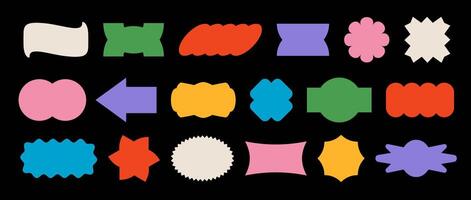 Abstract sticker shape set. Colorful retro pop art border element collection. Bright geometric frame pack for badge, tag, label, banner, poster, sign, flyer, logo. Swiss style patch bundle vector