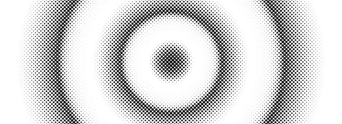 Halftone concentric circle background. Dotted circular gradient. Radial fading comic texture. Black and white rough gritty wallpaper. Grunge round pop art backdrop. Dot line epicenter concept