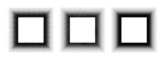 Black halftone square frame set. Dotted gradient border collection. Pop art comic dot picture holder design for banner template, copy space, emblem, poster, box. Rasterized framing element pack vector