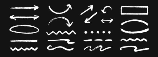 Hand drawn chalk wavy and straight line collection. Pastel underline stroke and arrow set. Crayon wave brushstroke and frames bundle. Sketch marks and highlights for divide, separate, emphasis vector