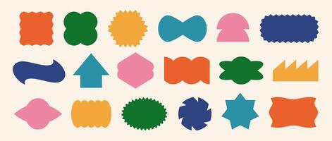 Abstract sticker shape set. Colorful retro pop art border element collection. Bright geometric frame pack for badge, tag, label, banner, poster, sign, icon, flyer. Swiss style patch bundle vector