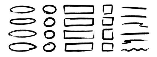 Black charcoal hand drawn shapes and frames set. Straight and curved paintbrush line set. Rough Sketch stripes and forms for diagram, highlight, underline, emphasis. Scribbled crayon strips vector