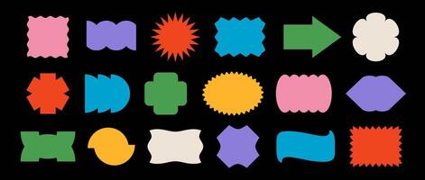 Abstract sticker shape set. Colorful retro pop art border element collection. Bright geometric frame pack for badge, tag, label, banner, poster, sign, flyer, logo. Swiss design patch bundle vector