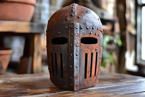 Close-up of an iron helmet from a medieval knight placed on a wooden table, showcasing intricate design details in a rustic room setting photo