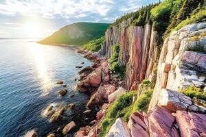 Scenic view of the rocky coast of Lake Baikal in Siberia Russia with clear blue water and rugged cliffs under a bright sky photo