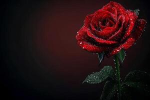 Beautiful red rose with water drops, set against a dark background, leaving space for text or messages photo