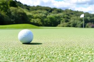 A golf ball resting on lush green grass with a shallow depth of field, emphasizing the ball in sharp focus while the background gently blurs, highlighting the moment of play photo