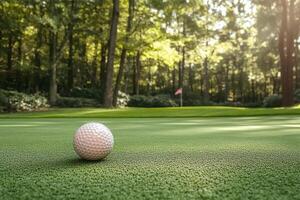 A golf ball positioned on lush green grass, ready for the next shot towards the hole, capturing the excitement and precision of the game photo