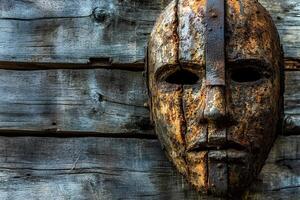 Close-up of an old, rusty mask hanging on a weathered wooden wall in a rustic village setting, with selective focus highlighting its worn details photo